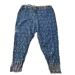 Vintage Blue Metallic Gold Indian Block Print Paisley Cropped Ankle Pants